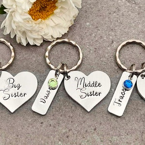 Sisters Gift, Big Mid Lil Sis Personalised Keyring with Preciosa Birthstones, Big Middle Little Sister, Siblings Gift