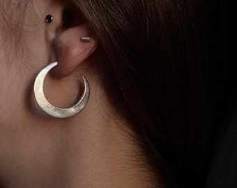 Crescent Silver Hand Forged Hoop Earrings