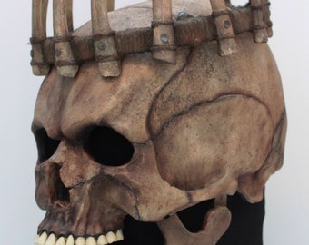 Full head angry skull mask with movable jaw and crown