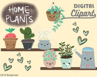 Home plants digital clipart/ planner clip art/ kawaii/ PNG/ instant download/ cactus/ hanging plants/ home garden house/ gardener/ backyard