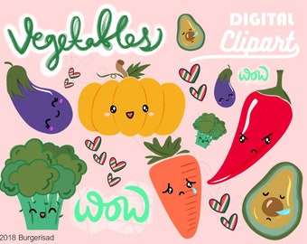 Vegetables digital clipart/ planner clip art/ kawaii clipart/ pumpkin brinjal avocado broccoli carrot chilli/ hand drawn art/ PNG/ instant