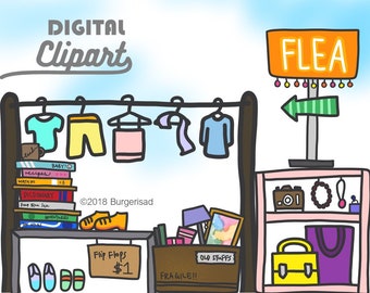 Flea market digital clipart/ PNG/ instant download/ garage sale/ second hand/ vintage/ clothes/ bags/ shoes/ pre-loved/ wallpaper/ cute draw