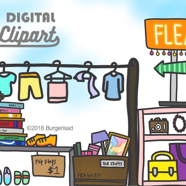 Flea market digital clipart/ PNG/ instant download/ garage sale/ second hand/ vintage/ clothes/ bags/ shoes/ pre-loved/ wallpaper/ cute draw