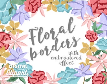 Floral border embroidered effect digital clipart/ PNG/ instant download/ pretty flowers plants/ pastels/ embroidery effect/