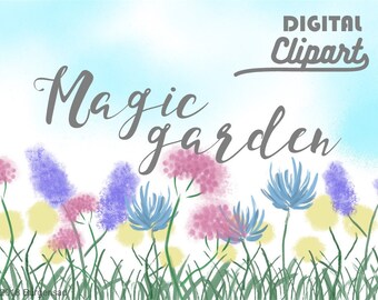 Magic garden digital clipart/ planner clip art/ PNG/ instant download/ pretty flowers plants/ pastels/ soft magical gentle/ transparent