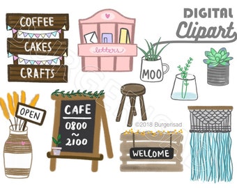 Cafe shop front digital clipart/ PNG/ cafe shops pretty houses/ paris inspired/ zakka/ coffee house shop/ macrame/ succulents/ hand drawn