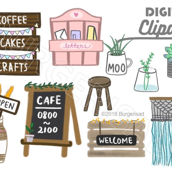 Cafe shop front digital clipart/ PNG/ cafe shops pretty houses/ paris inspired/ zakka/ coffee house shop/ macrame/ succulents/ hand drawn