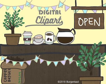 Cafe coffee house digital clipart/ PNG/ instant download/ latte/ long black/ open/ plant/ coffee bean bag/ chill relax/ coffee shop/ cuppa