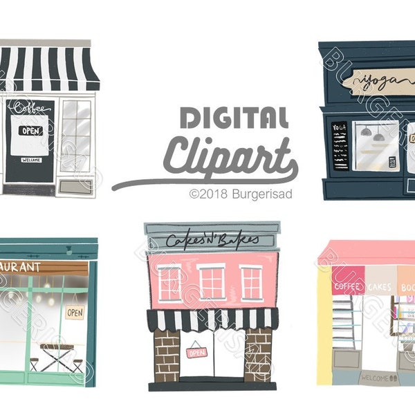 Shop houses digital clipart/ PNG/ instant download/ cafe shops restaurants eateries/ shop houses/ pinterest shops/ pretty houses/ inspired