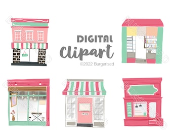 Christmas themed Shophouses digital clipart/ PNG/ instant download/ peppermint/ green pink houses/ pretty clipart digital sticker/ xmas