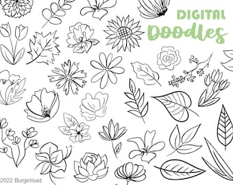 Flower and leaves hand drawn doodles / Digital flowers/ PNG / floral wreaths/ procreate/ free hand drawing/ commercial use/ coloring page