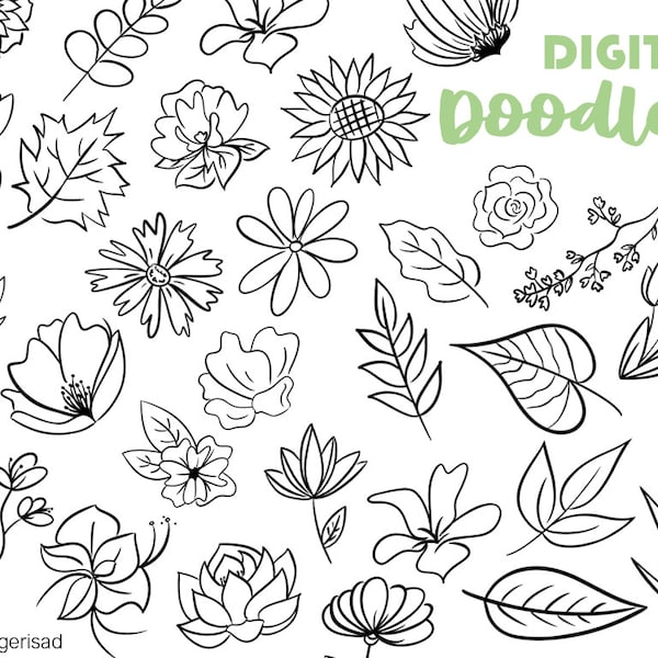 Flower and leaves hand drawn doodles / Digital flowers/ PNG / floral wreaths/ procreate/ free hand drawing/ commercial use/ coloring page