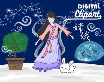 Chang'E digital clipart/ planner clip art/ kawaii/ PNG/ chinese legend myth/ moon fairy/ Chinese fairy/ bunny/ Moon/ earth/ kawaii asian