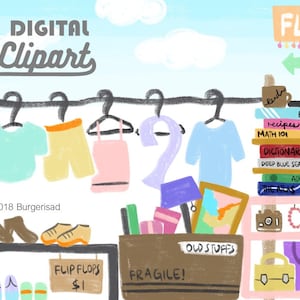 Rommelmarkt krijt digitale clipart / PNG / garage verkoop / tweedehands / vintage / kleding / tassen / schoenen / vooraf hield / tekening schoolbord / transparant