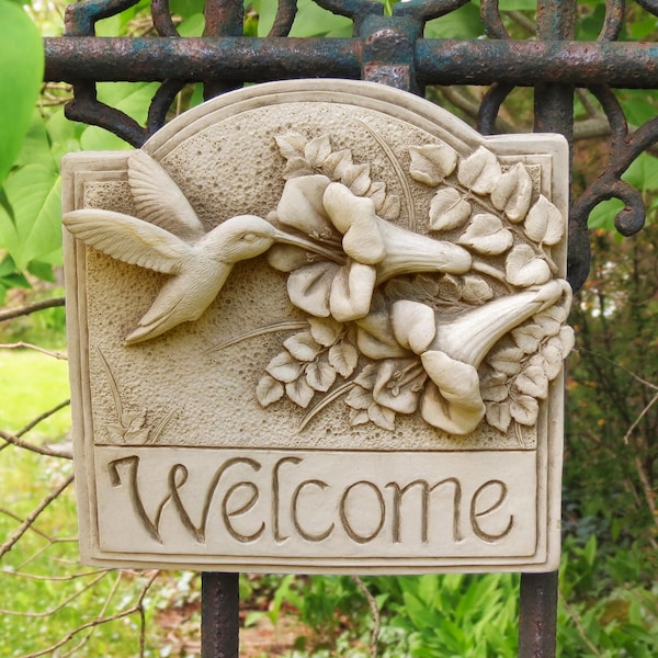 Hummingbird Welcome Plaque For Home & Garden, Hummingbird Wall Decor, Hummingbird With Flowers Stone Plaque, Gift for Birdwatcher