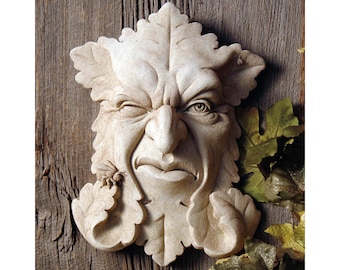 Green Man Wall Plaque With Grumpy Face for Home or Garden, Solid Stone Humorous Wall Art, Green Man Plaque for Patio or Deck, Bumble Bee