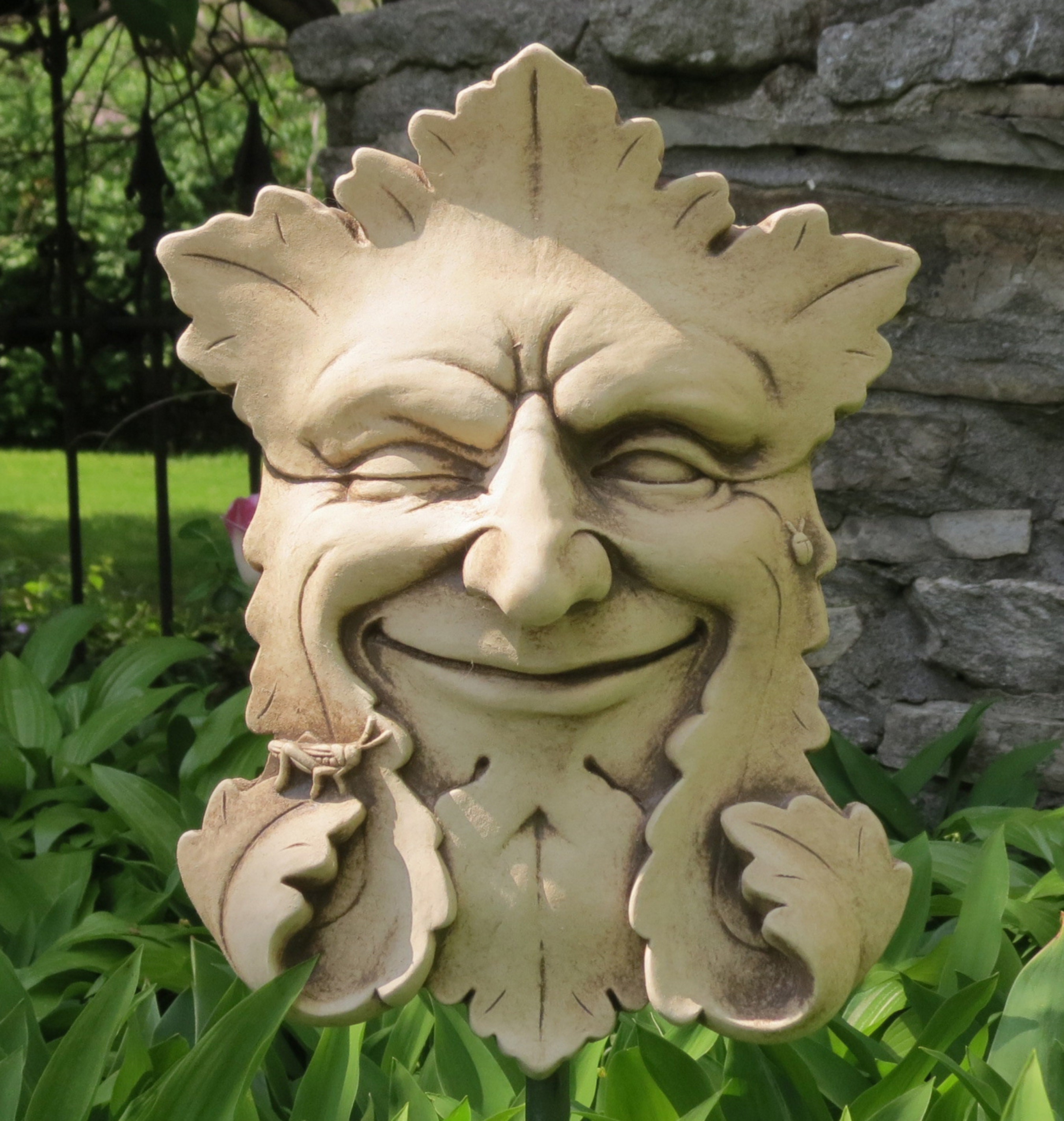Green Man Plaque for Home or Garden, Solid Stone Garden Sculpture
