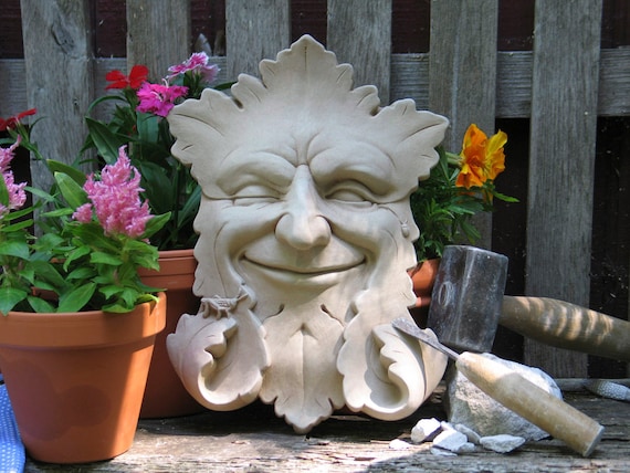 Green Man Plaque for Home or Garden, Solid Stone Garden Sculpture