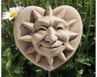 Sun Face Wall Plaque for Home And Garden, Sun Face Wall Decor Stone Scupture,  Sun Face On A Heart Housewarming Gift, Love The Sun