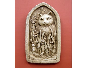Cat Sculpture for Home & Garden, Cat Art Stone Sculpture, Cat and Mouse Decor, Cat and Mouse Yard Art, Kitten Stone Art, Gift for Cat Lover