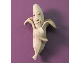 Going Bananas Stone Sculpture, Banana Art with a Funny Face, Fruit Sculpture, Banana Plaque for Kitchen & Garden, Going Bananas Wall Plaque