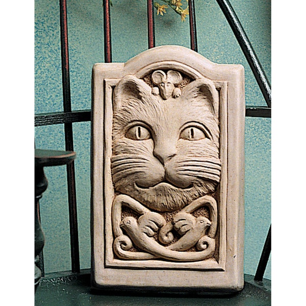 Celtic Cat Plaque for Home & Garden, Celtic Cat Stone Sculpture, Cat Plaque, Cat with Mouse Art, Celtic Design Stone Plaque, Cat Face Art