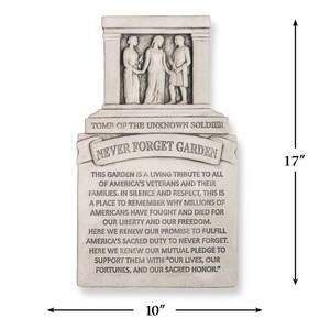 May include: A white stone memorial plaque with the words "Tomb of the Unknown Soldier" and "Never Forget Garden" inscribed on it. The plaque is 43 cm tall and 25 cm wide. The plaque features a bas-relief sculpture of three figures standing together.