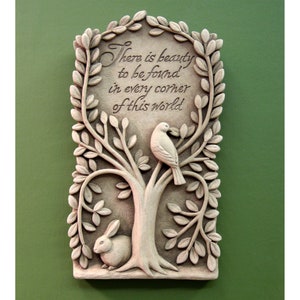 Nature Plaque for Home & Garden, Nature Scene with Bird and Rabbit, Stone Nature Plaque, Animals in Woods Art, Forest Animals Sculpture