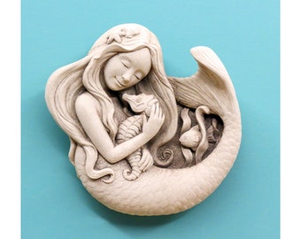 Mermaid Seaside Art Sculpture, Beach Wall Art, Stone Sculpture Mermaid Art, Ocean Life Art, Sea Sculpture, Coastal Mermaid Art, Seahorse Art