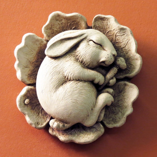 Napping Bunny Plaque for Home & Garden, Rabbit Stone Sculpture, Napping Bunny With Carrot on Cabbage Leaf, Napping Rabbit Wall Plaque Art