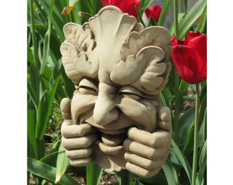 Laughing Green Man Garden Face, Whimsical Garden Stone Gift For The Gardener, Stone Sculptrue Wall Plaque, for Patio, Fence, Deck or Garage