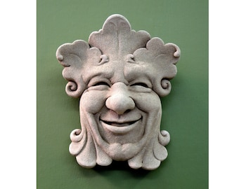 Green Man Plaque, Green Man Smiling Face, Garden Face, Garden Smile Plaque, Gift for a Gardener, Garden Sprite Stone, Smiling Green Man