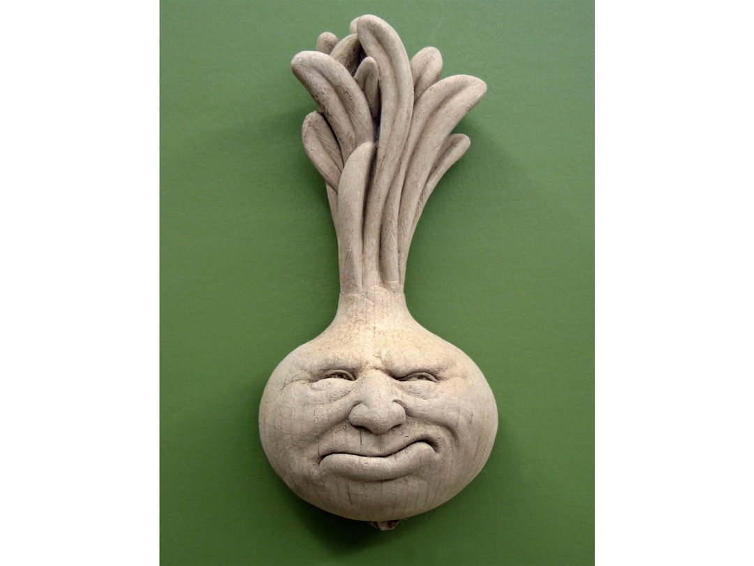Onion Art Sculpture With Funny Face, Ornery Onion Stone Sculpture