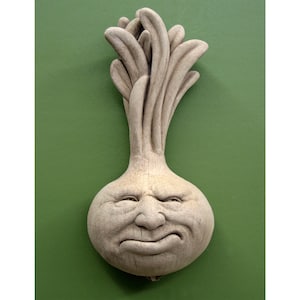 Onion Art Sculpture with Funny Face, Ornery Onion Stone Sculpture, Onion Garden Art, Onion Veggie Decor, Gift for Chef, Kitchen Wall Art