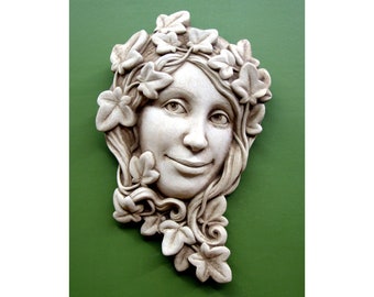 Ivy Fairy Garden Plaque for Home or Garden, Green Man Green Woman Stone Garden Sculpture, Garden Smile Plaque for Patio or Deck