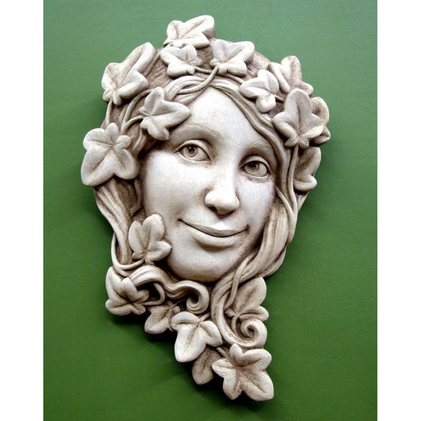 Ivy Fairy Garden Plaque for Home or Garden, Green Man Green Woman Stone Garden Sculpture, Garden Smile Plaque for Patio or Deck