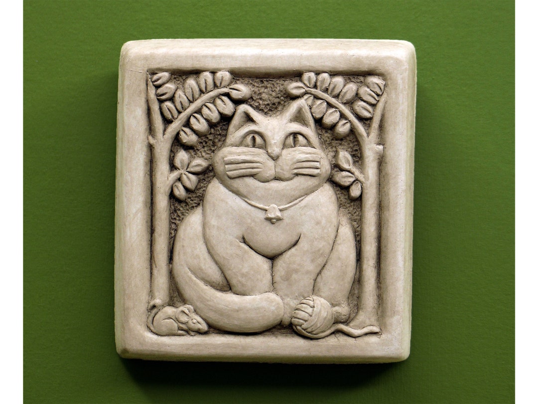 Cat Garden Statue, Fat Cat Garden Art Plaque, Garden Decor, Cat and Mouse Stone Sculpture, Gift
