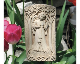 Angel Wings Plaque for Home & Garden, Angel Stone Sculpture, Peace and Grace Angel Plaque, Angel Housewarming Gift, Celtic Angel Art Decor