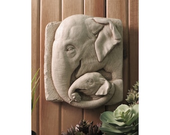 Elephant Sculpture, Elephant Gift Plaque for Home or Garden, Elephant Mom and Baby Plaque, Elephant Stone Art, Elephant Ornament & Decor
