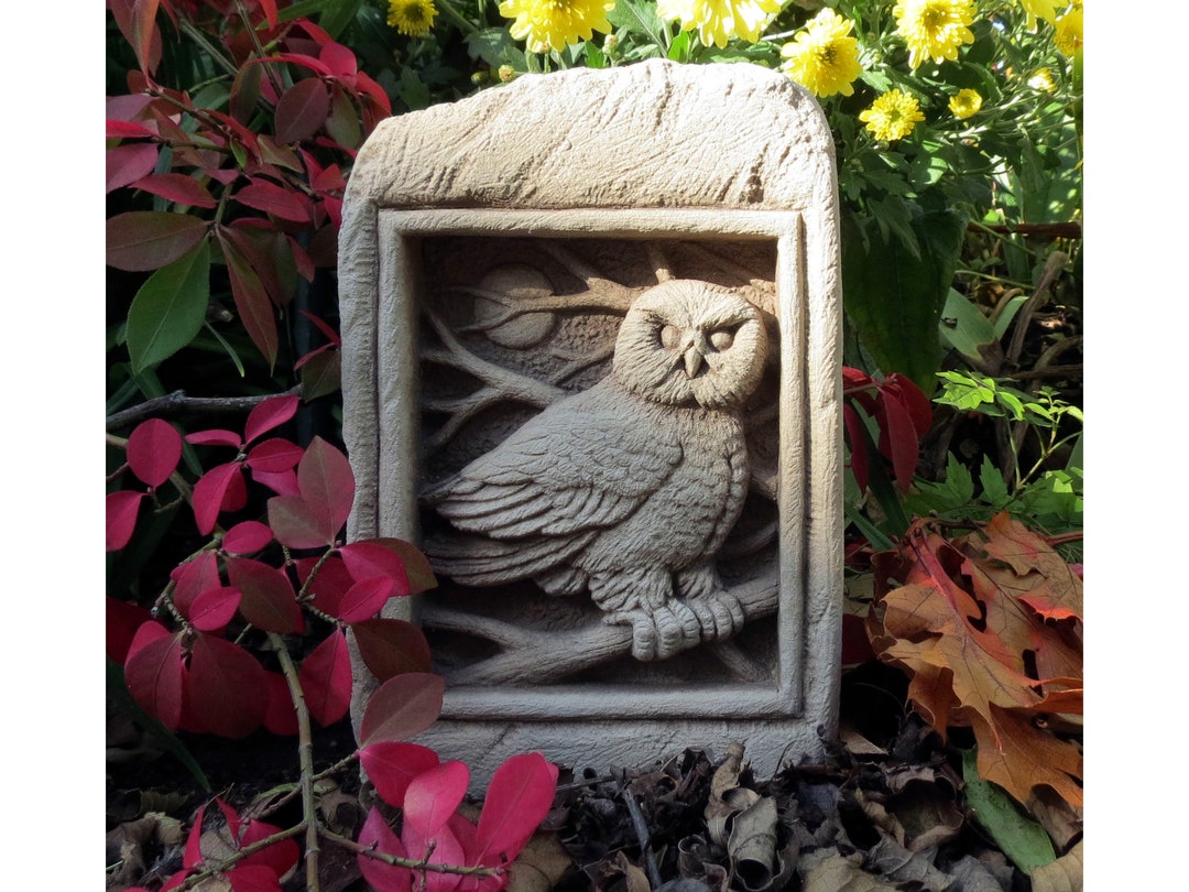 Owl Stone Sculpture for Home & Garden, Owl in Fall Scene Sculpture, Autumn Scene Art, Owl Shelf