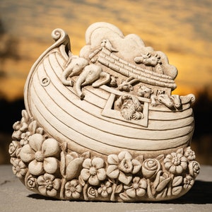 Noah&#39;s Ark Stone Statue: Handmade Freestanding Sculpture or Wall Plaque