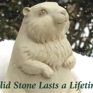 May include: A white stone sculpture of a groundhog standing in the snow. The groundhog is looking up and has a happy expression on its face. The text "Solid Stone Lasts a Lifetime" is printed below the groundhog.