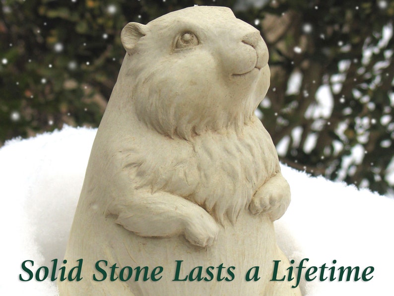 May include: A white stone sculpture of a groundhog standing in the snow. The groundhog is looking up and has a happy expression on its face. The text "Solid Stone Lasts a Lifetime" is printed below the groundhog.