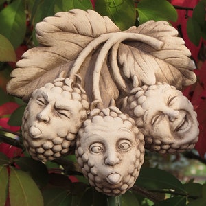 Raspberries Art Sculpture, Raspberry Gift, Stone Sculpture with Faces Blowing Razz-berries, Cute Garden Art, Gift for Gardener or Chef