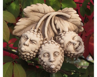 Raspberries Art Sculpture, Raspberry Gift, Stone Sculpture with Faces Blowing Razz-berries, Cute Garden Art, Gift for Gardener or Chef
