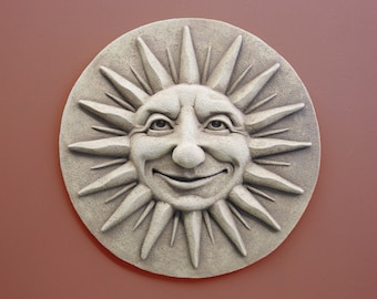 Sun Wall Art, Sun Stone Plaque, Sun Face Garden Sculpture, Sunroom Wall Art, Celestial Decor, Housewarming Gift, Smiling Sun Face Wall Decor
