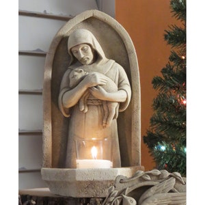 Good Shepherd Statue For Home and Garden, Good Shepherd Votive Includes Candle, Good Shepherd Stone Wall Plaque, Jesus Art & Christmas Gift