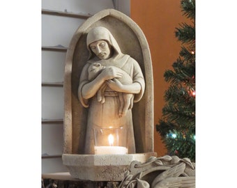 Good Shepherd Statue For Home and Garden, Good Shepherd Votive Includes Candle, Good Shepherd Stone Wall Plaque, Jesus Art & Christmas Gift