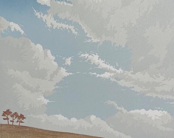Gravura em linóleo Cloudscape III: céu grande, nuvens, árvores.