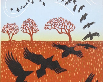 Ragged Crows: Lino print of black crows flying over a Devon stubble field